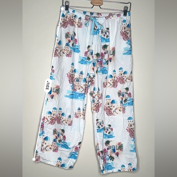 The Cat’s Pajamas Santorini Print Cotton Lounge Pants White Blue Size Medium - Picture 9 of 11